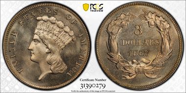 1867 $3 J-597 PR69CAM