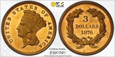 1876 $3 J-1482 Gilt PR66CAM
