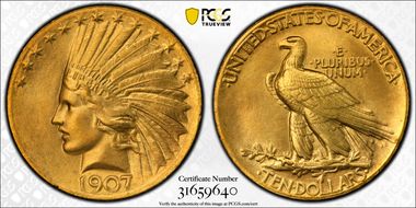 1907 $10 Indian, Wire Rim MS66