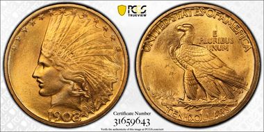 1908-D $10 No Motto MS65+