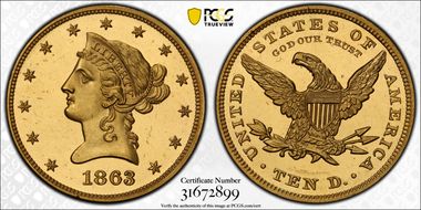 1863 $10 J-351 PR63CAM