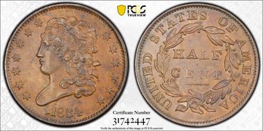 1834 1/2C C-1 AU58BN