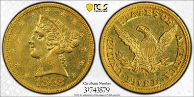 1848-D $5 AU55