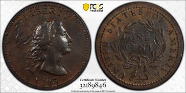 1793 1C Liberty Cap, S-14 AU53+ BN