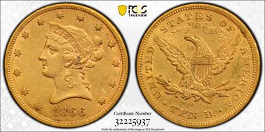 1866-S $10 Motto AU53