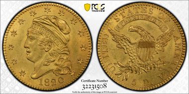 1820 $5 BD-2, Square-Base 2 MS63+