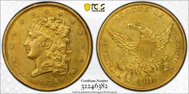 1834 $5 Classic Head, HM-7 AU55