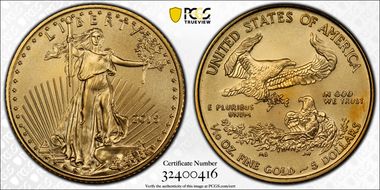 2015 $5 Gold Eagle-Wide Reed. MS70