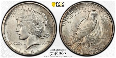 1921 $1 VAM 1F, Polishing Lines Peace MS64