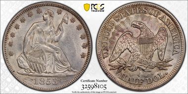 1853 50C Arrows and Rays AU58+