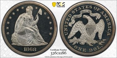 1868 $1 PR66DCAM