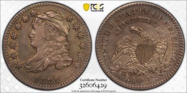 1821 10C JR-9, Small Date AU55