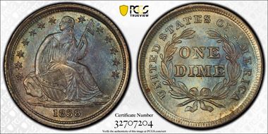 1838 10C F-104 No Drapery Large Stars MS67