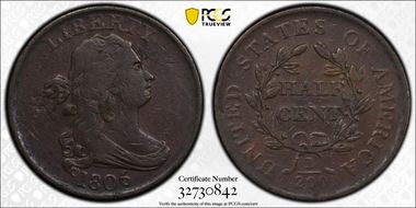 1806 1/2C Small 6, No Stems VF30BN