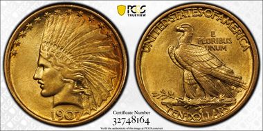 1907 $10 Indian AU58+