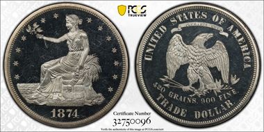 1874 T$1 PR65DCAM