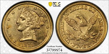 1859-D $5 Large D MS61