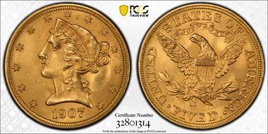 1907-D $5 MS64+