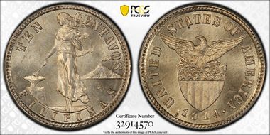 1914-S 10C Allen 8.10a Short Bar MS64