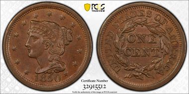 1850 1C Newcomb 3 MS62BN