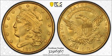 1833 $5 BD-1, Large Date MS64+