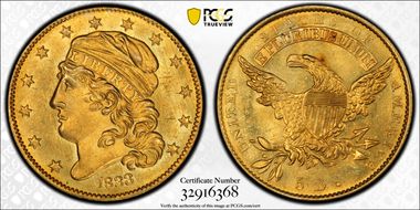 1833 $5 BD-2, Small Date MS64+