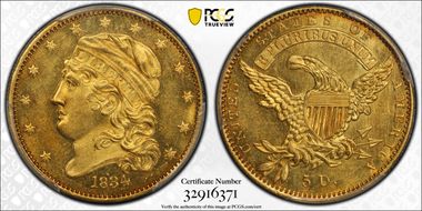 1834 $5 BD-2, Capped Bust MS63+