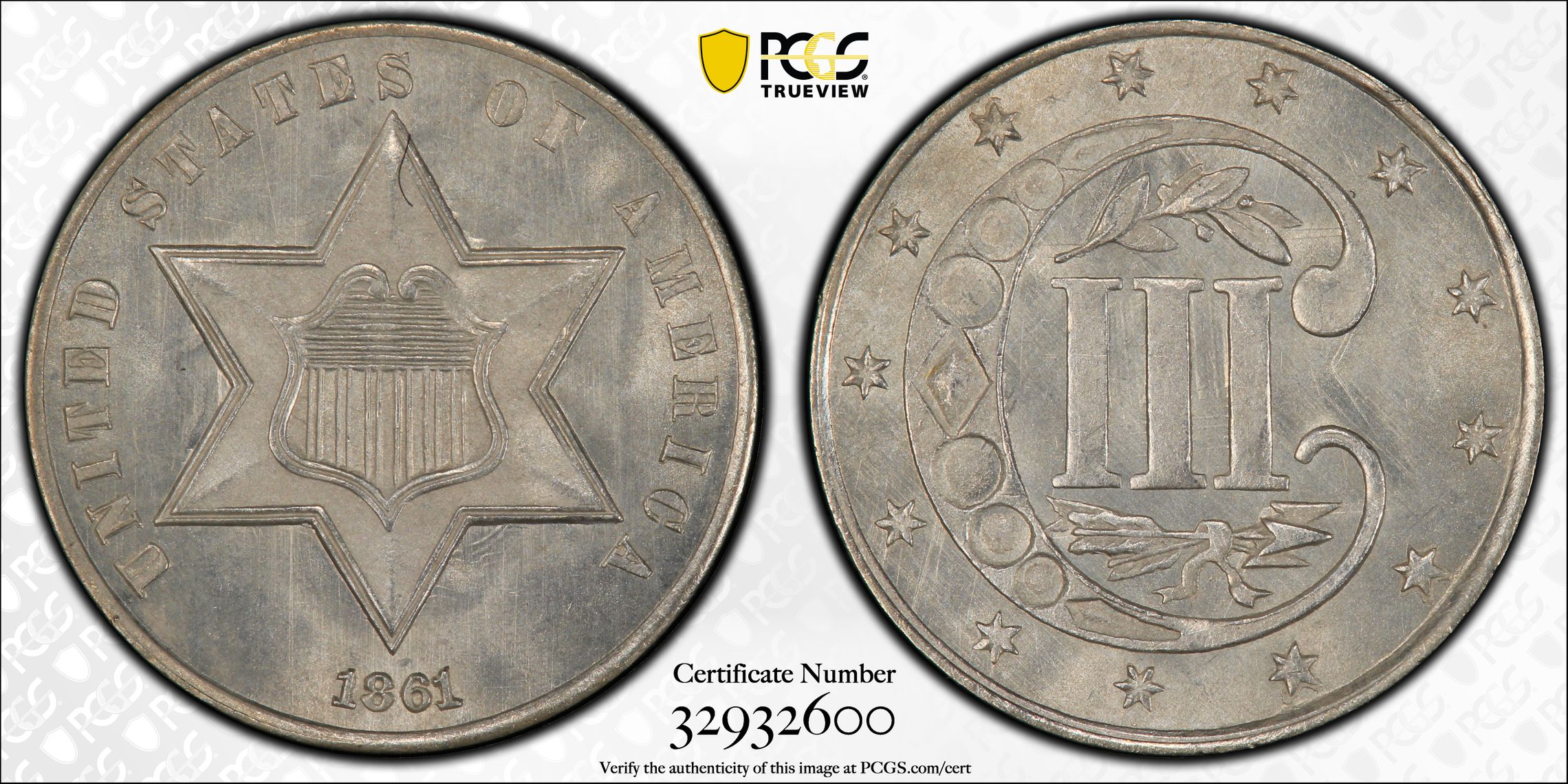 PCGS 钱币信息| 认证编号#32932600 - 1861 The United States of