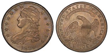 1834 50C O-105, Lg Date, Sm Letters AU58