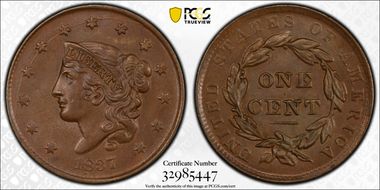 1837 1C Plain Cords, Small Letters MS63BN