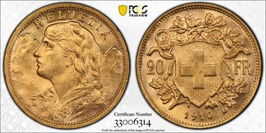 1910 B 20 Fr KM-35.1  Au MS64