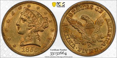 1855-S $5 MS61