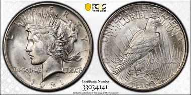 1921 $1 High Relief, Peace MS65+