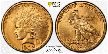 1908-D $10 No Motto MS64+