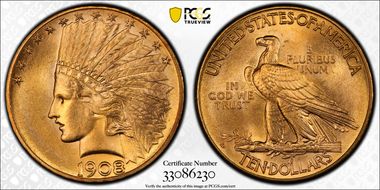 1908-D $10 Motto MS66+