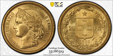 1883 20 Fr KM-31.1  Au MS62