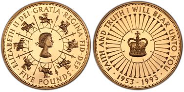 1993 £5 S-L2 40th Ann. Coronation Au PR69DCAM