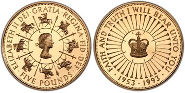 1993 £5 S-L2 40th Ann. Coronation Au PR69DCAM