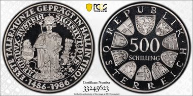 1986 500 Sch 1st Thaler - Hall Mint PR68DCAM