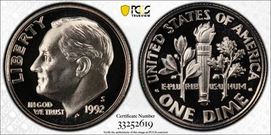 1992-S 10C PR70DCAM