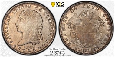 1869/1869 Peso Restrepo-318.1 Medellin Large/Small Date AU53