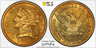 1846 $5 Large Date MS63