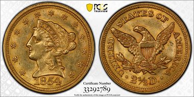 1854 $2.50 AU58