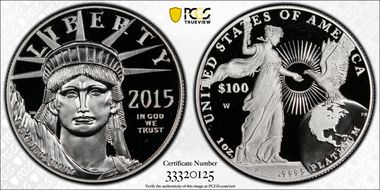 2015-W $100 Statue of Liberty First Day of Issue Mint Engravers S. Mercanti Flag PR70DCAM