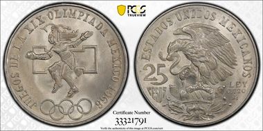 1968-Mo 25 Peso Olympic KM-479.1 Rings Align, Straight Tongue MS66