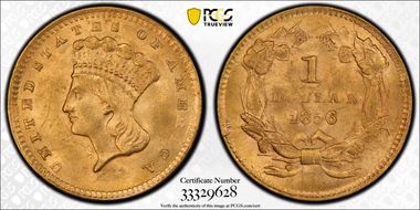 1856 G$1 Upright 5 MS63+