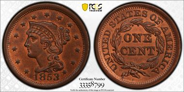 1853 1C Newcomb 7 MS65RB