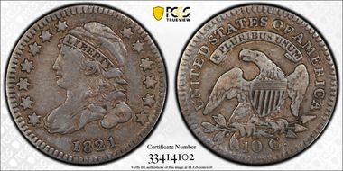 1821 10C JR-8 Small Date VF30