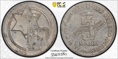 1943 5 Mk Lodz Ghetto Aluminum AU58