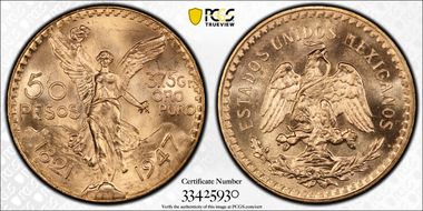 1947 50 Peso KM-481  Au MS65